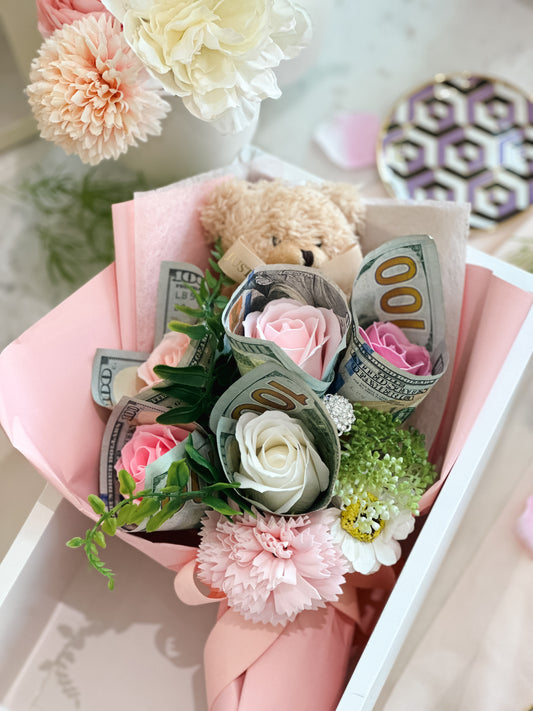 Teddy Bear 5-Flowers Bouquet Gift Box for Mother's & Father's Day Gift, Birthday, Anniversary, Any Occasions